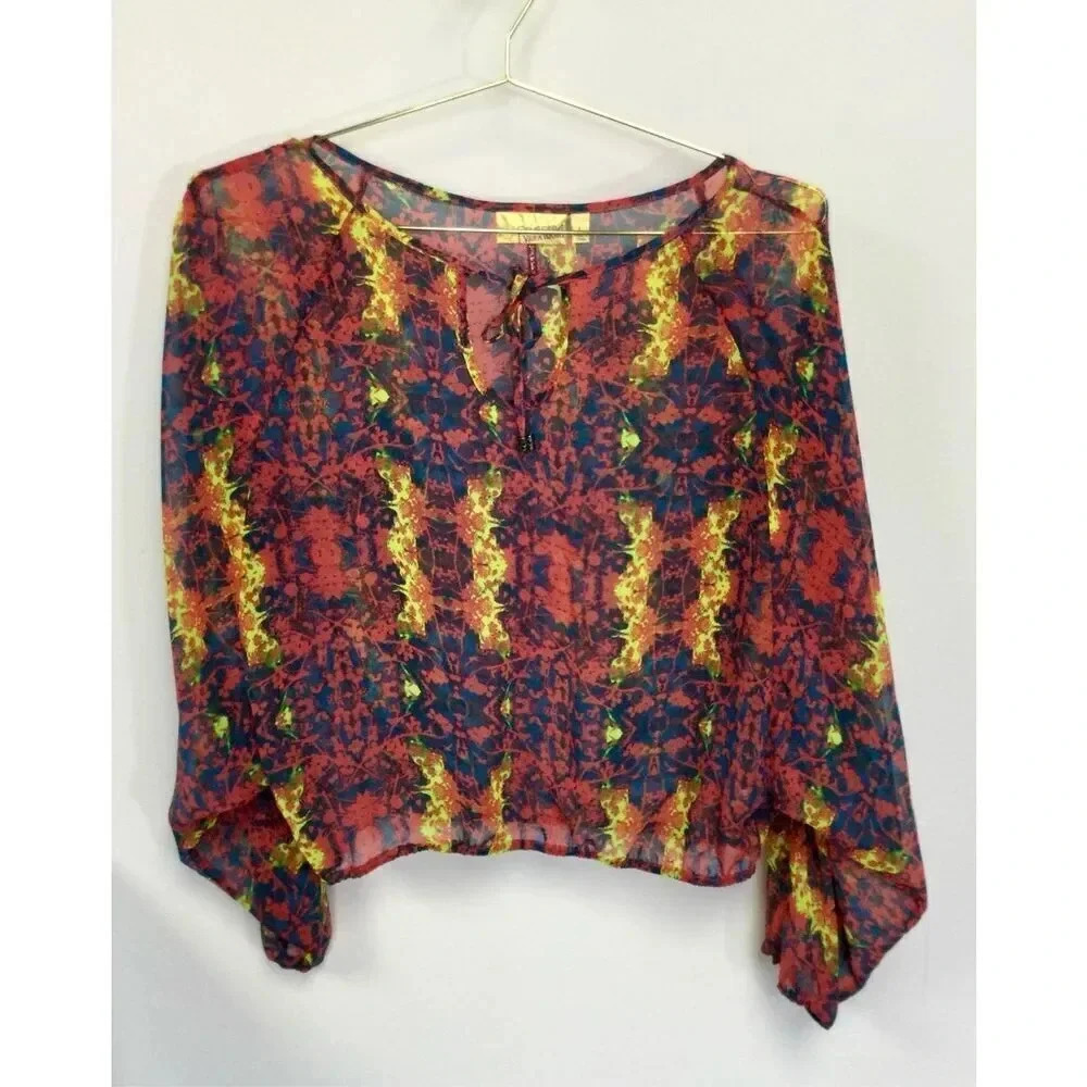 Princess Vera Wang Womens Large Top Blouse Colorful Dolman Sleeves Tie Neck
